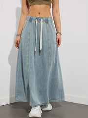 Elastic Waist Drawstring Flared Denim Skirt