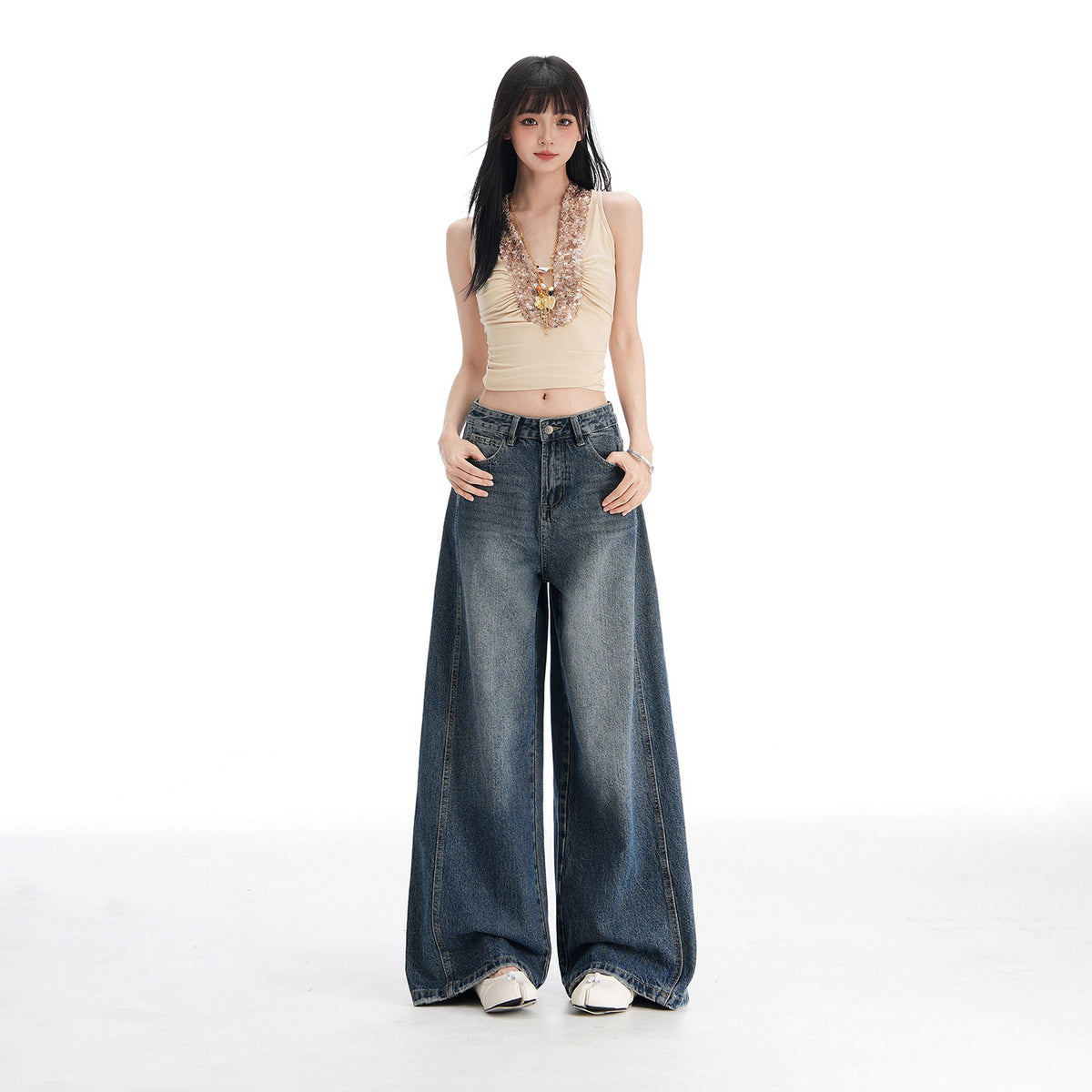Womens High-Waisted Wide-Leg Denim Pants