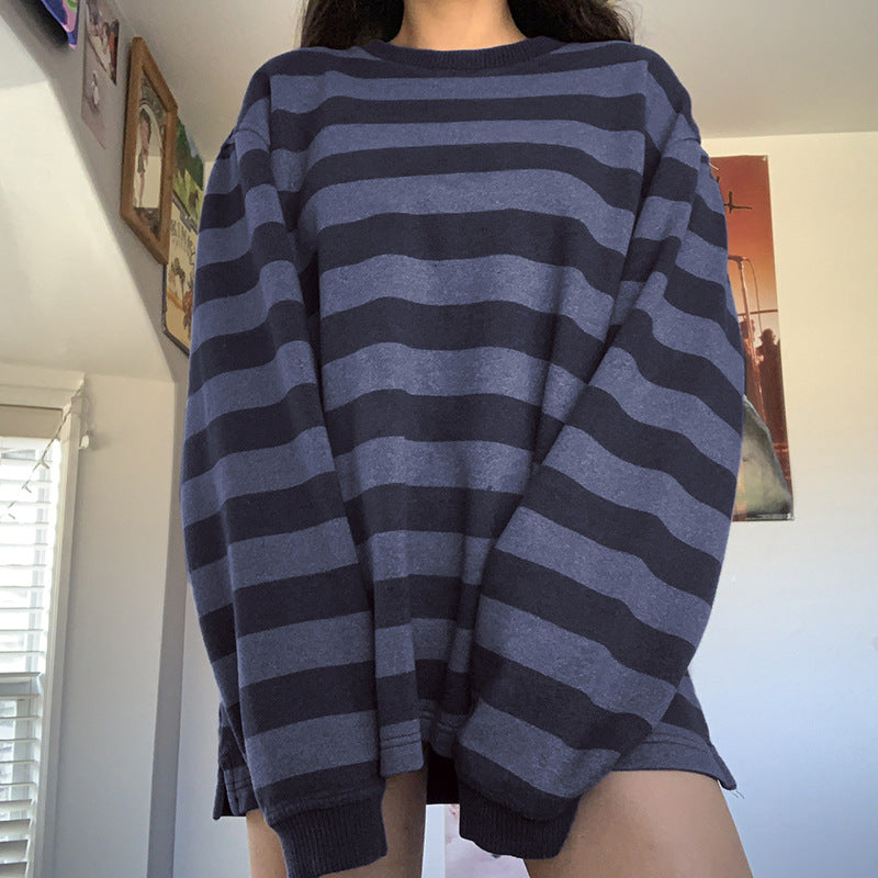 Crew Neck Striped Oversize Sweatshirt - fairypeony
