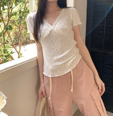 Lace Trim V Neck Slim Short Sleeve Tee