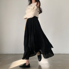 Solid Color Double Layer Maxi Skirt