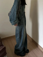Vintage blue loose wide-leg denim pants in retro blue, side view