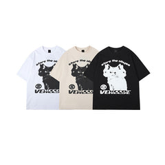 Cat Print Oversized Short Sleeve Tee