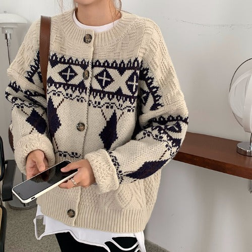 Vintage Argyle Print Oversized Cardigan