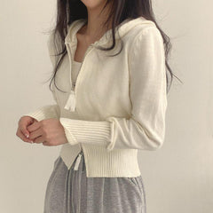 Solid Color Zip Up Waist  Trimming Hooded Cardigan