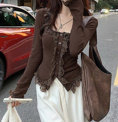 Fairy Patchwork Ruffled Lace Long Sleeve Tee