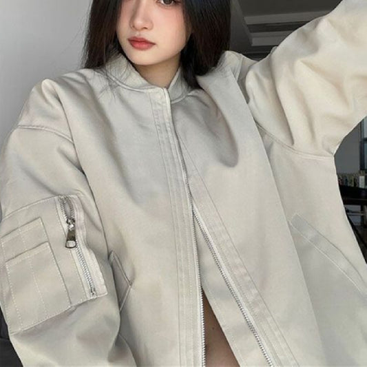 Oversize Zip Up Bomber Jacket - fairypeony