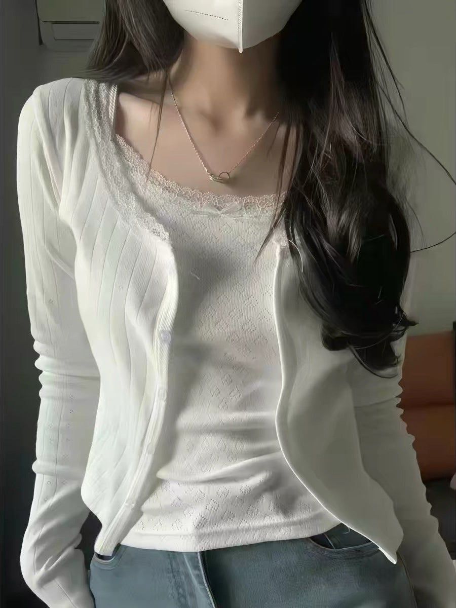 Lace Trim Hollow Long-Sleeve Slim-Fit Top – Eyelet Knit Cotton Cardigan