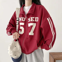Vintage Number Print Oversized Zip Up Jacket