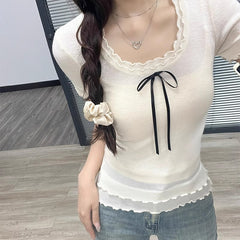 Double-layer Bow Patchwork Short sleeve Tee