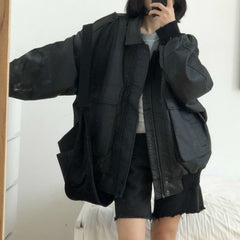 Big Pocket Lapel Neck Quilted Leather Jacket - fairypeony