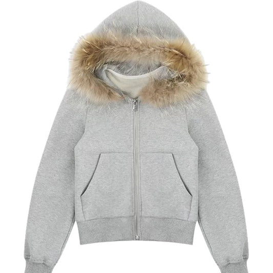Faux Fur Collar Zip-Up Hoodie