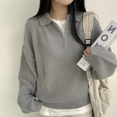 Solid Color Half Zipper Polo Collar Sweater
