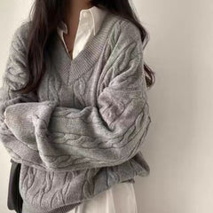 Korean Chic Cable Knit Loose Fit Pullover Sweater – Thick Warm Top