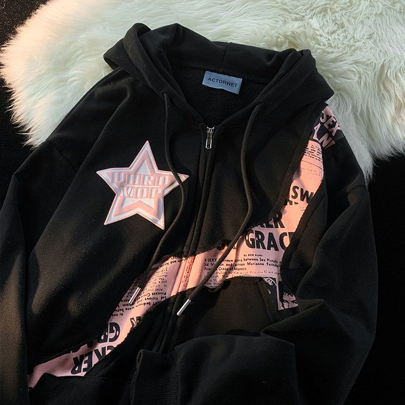Star Letter Print Patchwork Oversized Hoodie - fairypeony