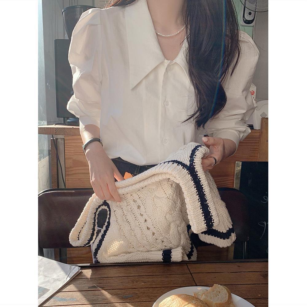 Retro Simple White Puff Long Sleeve Blouse