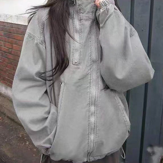 Vintage washed cotton hooded workwear zip-up jacket in grey, worn