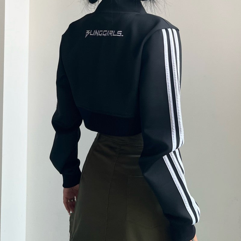 Side Stripe Zip Up Cropped Jacket - fairypeony