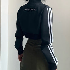 Side Stripe Zip Up Cropped Jacket - fairypeony