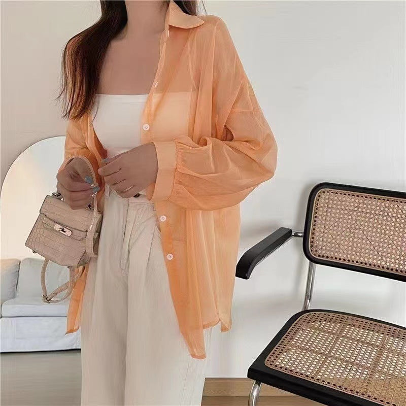Solid Color Thin Oversized Long Sleeve Blouse - fairypeony
