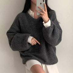 Solid Color V-Neck Loose Sweater