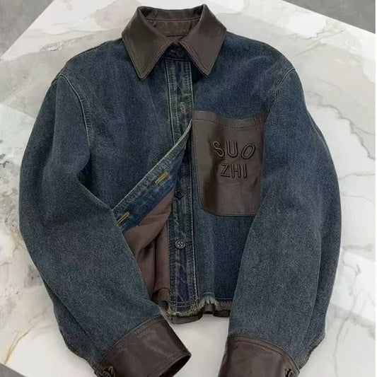 Designer Leather Accent Denim Jacket – Korean A-Line Polo Collar Coat