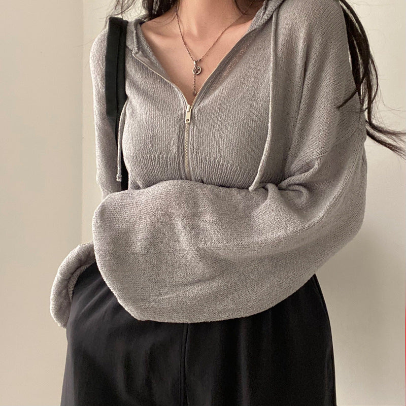 Vintage Zip Up Knitted Cropped Hoodie - fairypeony