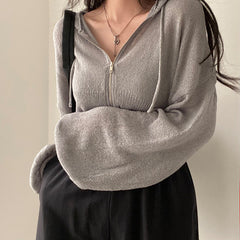 Vintage Zip Up Knitted Cropped Hoodie - fairypeony