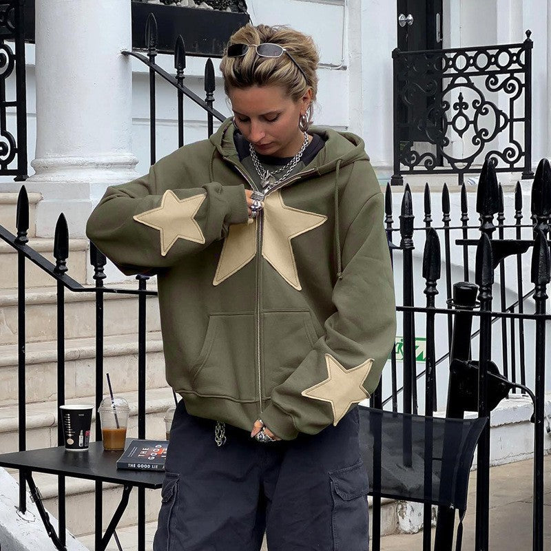 Multiple Star Patch kangaroo Pocket Oversized Hoodie - fairypeony