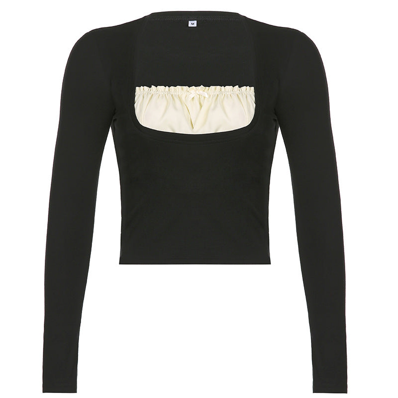 Solid Color Patchwork Long Sleeve Tee