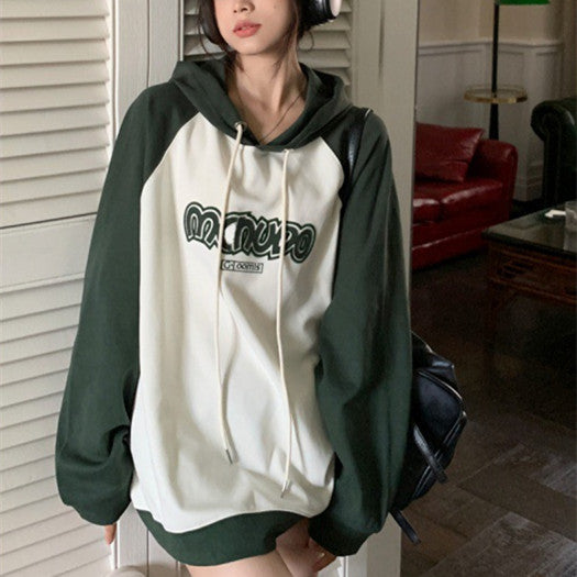 Vintage Raglan Contrast Color Print Oversized Hoodie - fairypeony