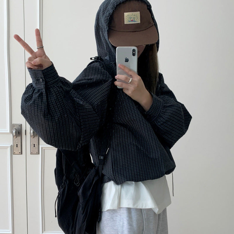 Lady's half-zipper hooded checked shirt