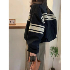 Striped Oversized Bomber Zip UP Jacket - fairypeony