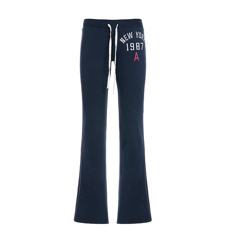 2000s Low-Rise Graphic Flared Sweatpants – Dark Blue & Grey , S–L