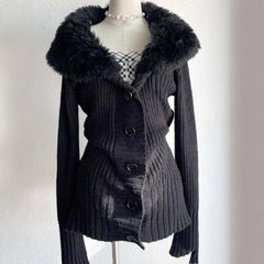 Women's knitted cardigan with a fur collar