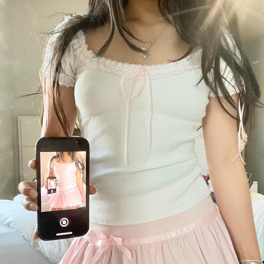 Lace Trim Square Neck Bubble Short Sleeve Tee