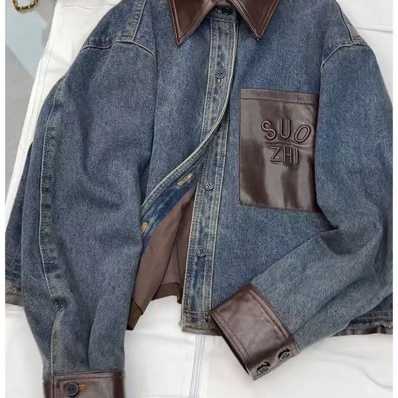 Designer Leather Accent Denim Jacket