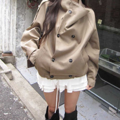Oversized stand collar double-breasted jacket in khaki (color 3), front view