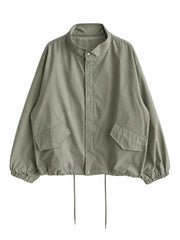 Retro stand collar oversized short trench jacket in army green, product shot