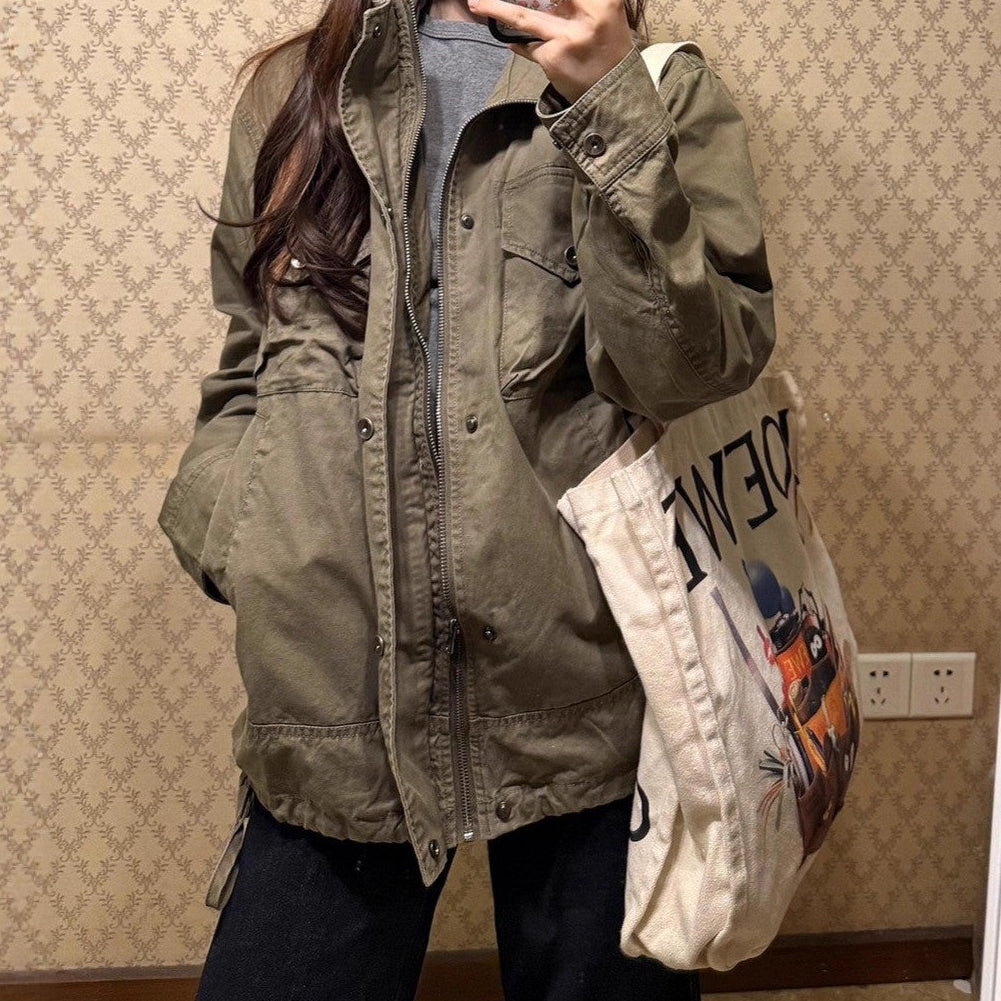 Retro Loose Stand Collar Jacket – 95% Cotton Work Jacket in Brown Green