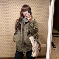 Retro Loose Stand Collar Jacket – 95% Cotton Work Jacket in Brown Green