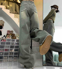 Vintage Wash Drawstring Raw Trim Boyfriend Jeans