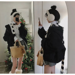 Loose Fit Zipper Hooded Furry Fleece Jacket – Plush Warm Sweatshirt Coat