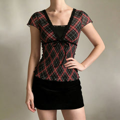 2000s Mesh Lace Trim V-Neck Top – Plaid Faux Two-Piece Smocked Ruffle Tee S–L