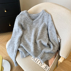 Elegant Solid Color V-Neck Soft Pullover Sweater for Women