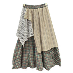 Vintage Lace Patchwork Plaid Maxi Skirt