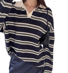 Striped polo collar shirt in Navy Blue, angled view