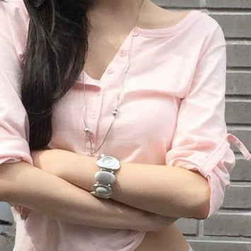 V-neck button henley tee in pink, front view