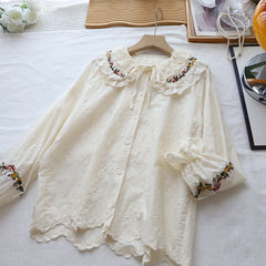 Embroidered Doll Collar Long Sleeve Blouse - fairypeony