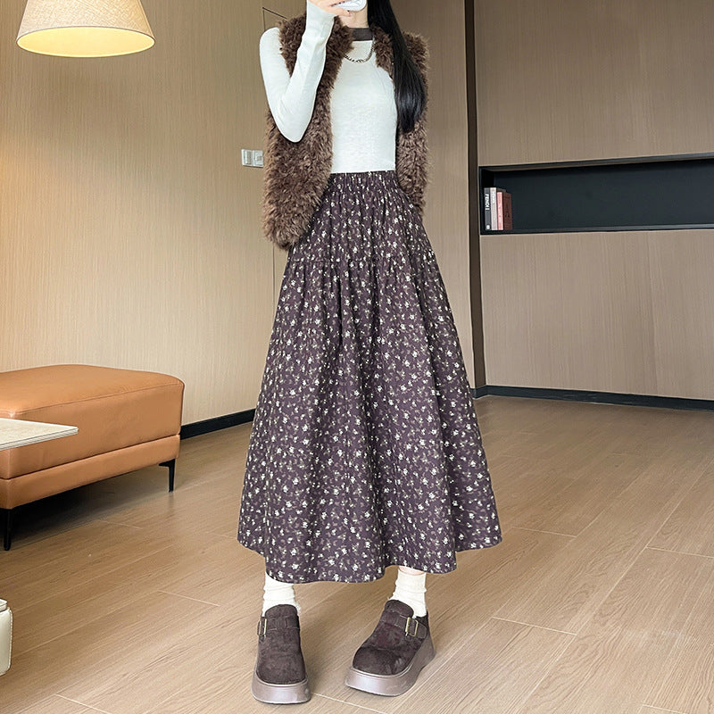 Floral Print Brushed Woolen Long Swing Skirt Midi Length